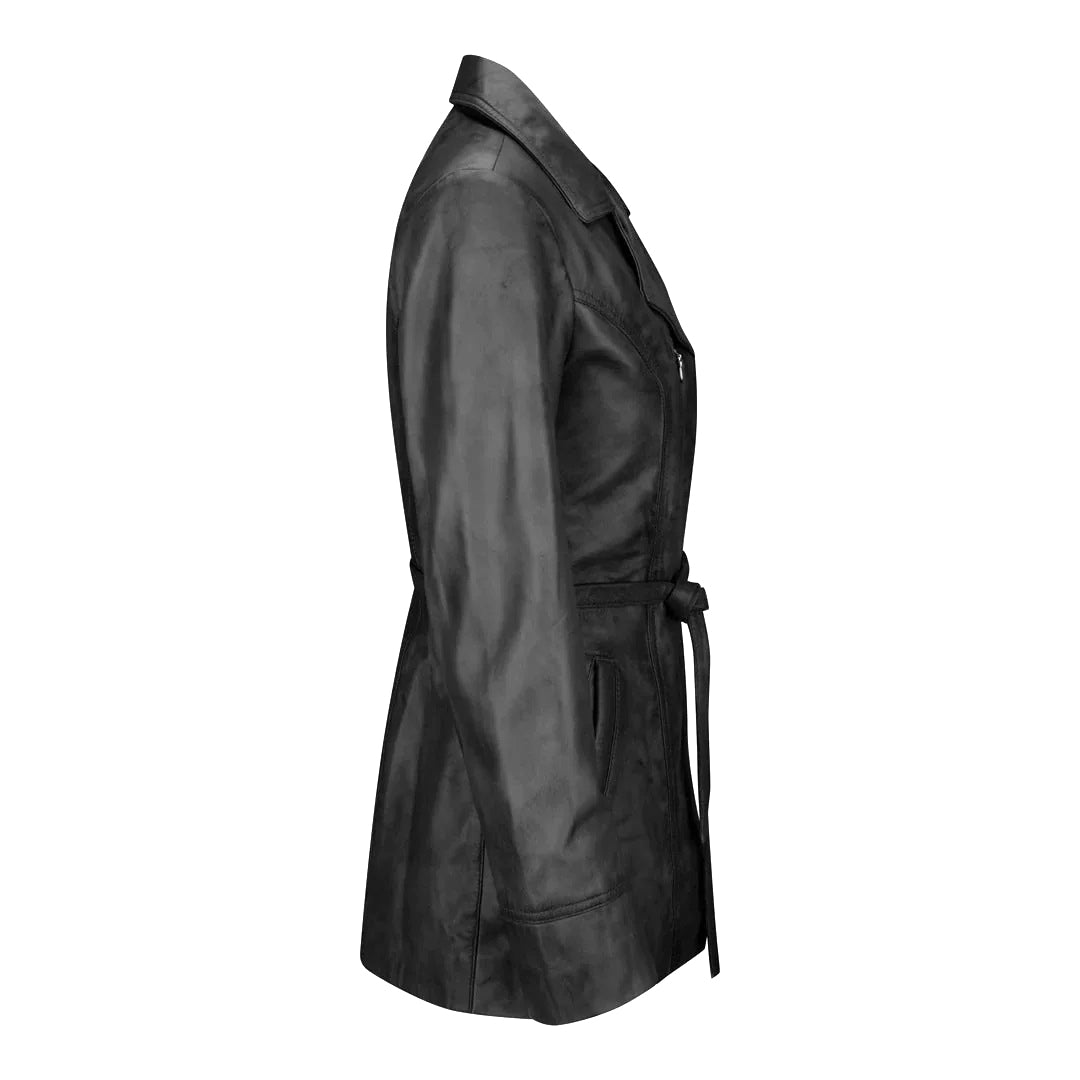 Women's Belted Leather Jacket, Long Sleeve, Zip Front | Black