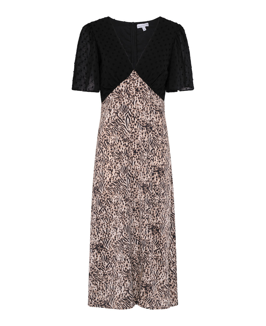 Animal Satin Mix Flutter Sleeve Midi Dress