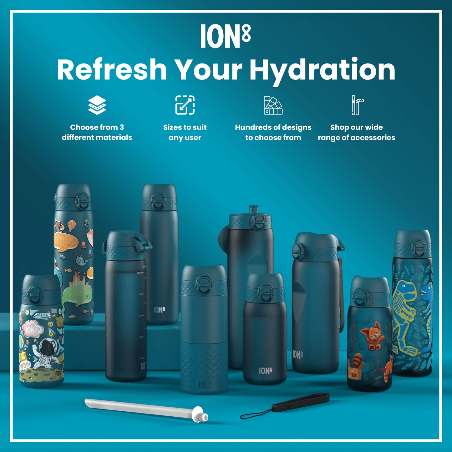 Leak Proof Slim Water Bottle, Stainless Steel, Whales, 600ml (20oz)