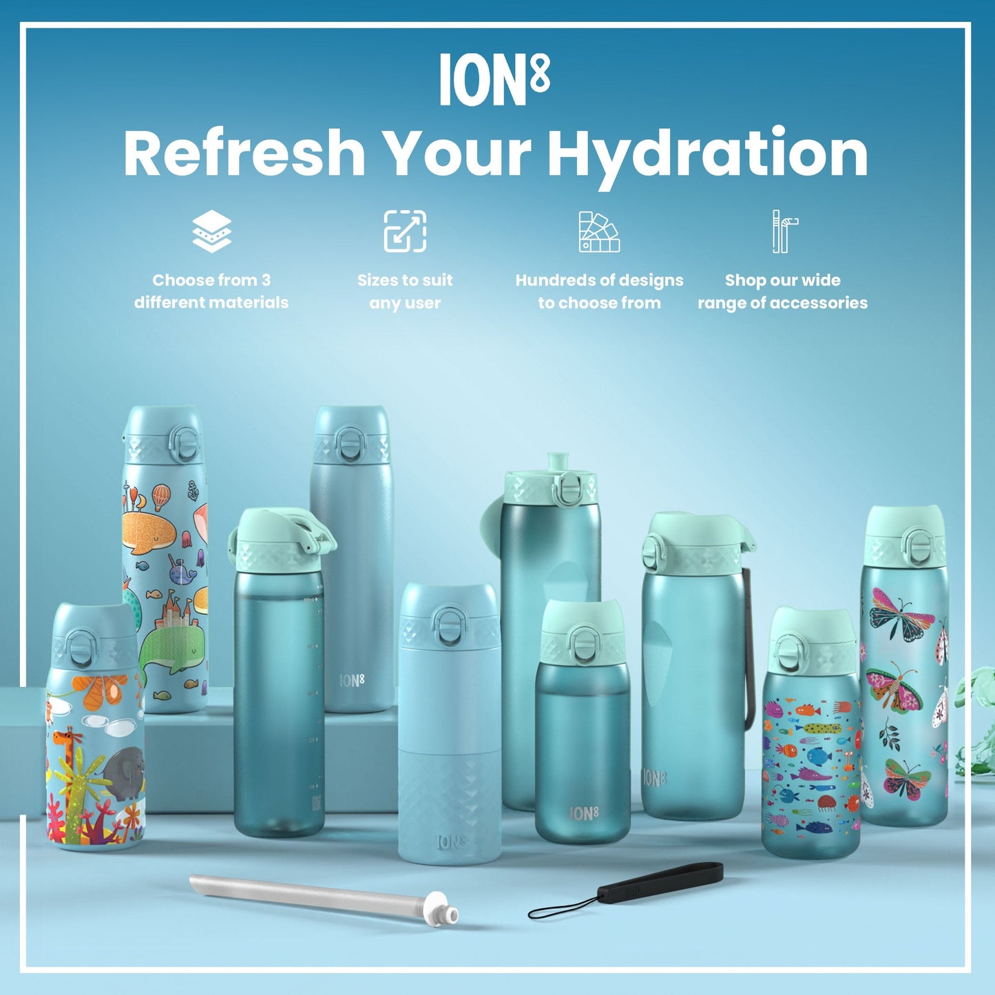 Leak Proof Slim Water Bottle, Stainless Steel, Blue Unicorns, 600ml (20oz)