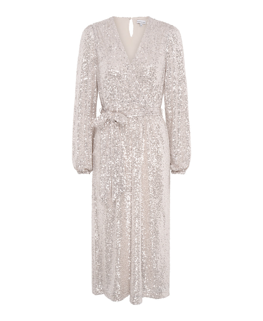 Cream Sequin Wrap Midi Dress