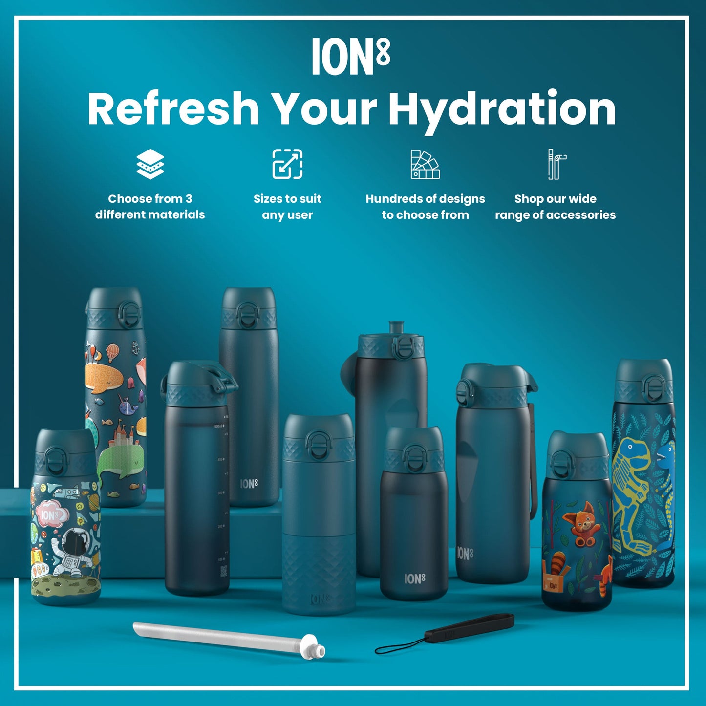 Leak Proof 1 Litre Water Bottle with Times to Drink, Recyclon, Teal & Blue, 1L