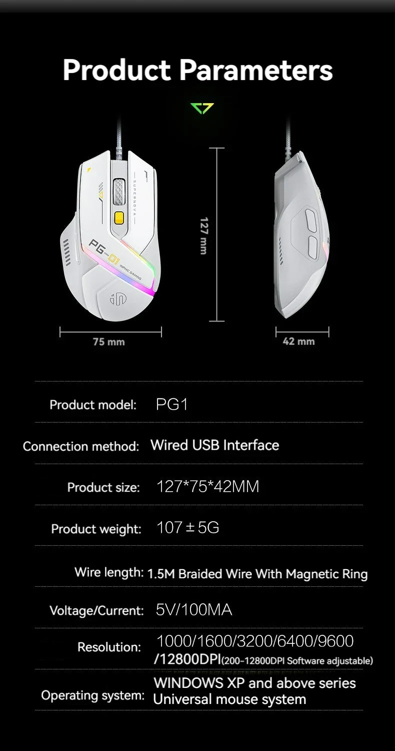 Inphic Pg1 Wired Mouse Gaming Mouse RGB Light Emitting Macro Programming 12800DPI 6 Keys Computer Mouse For Office Home