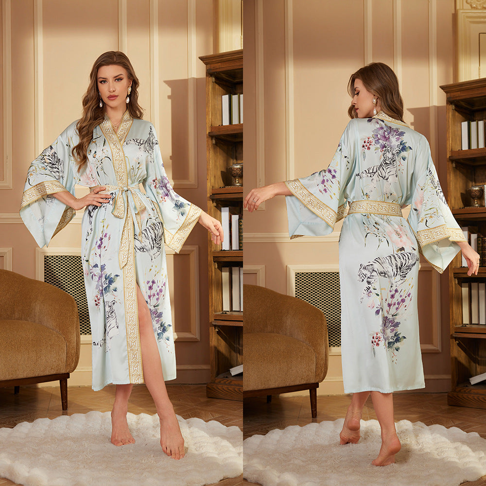 Long Robe Long Nightgown Womens Long Sleeved Satin Bathrobe