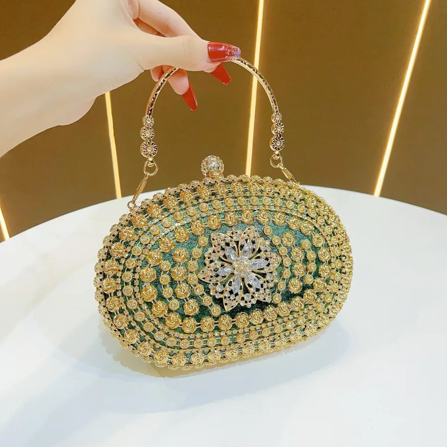 Elegant Evening Clutch Bag With Diamond Embellishments For Women Handbag Fashionable Chain Detail Polyester Oval Shell Bag