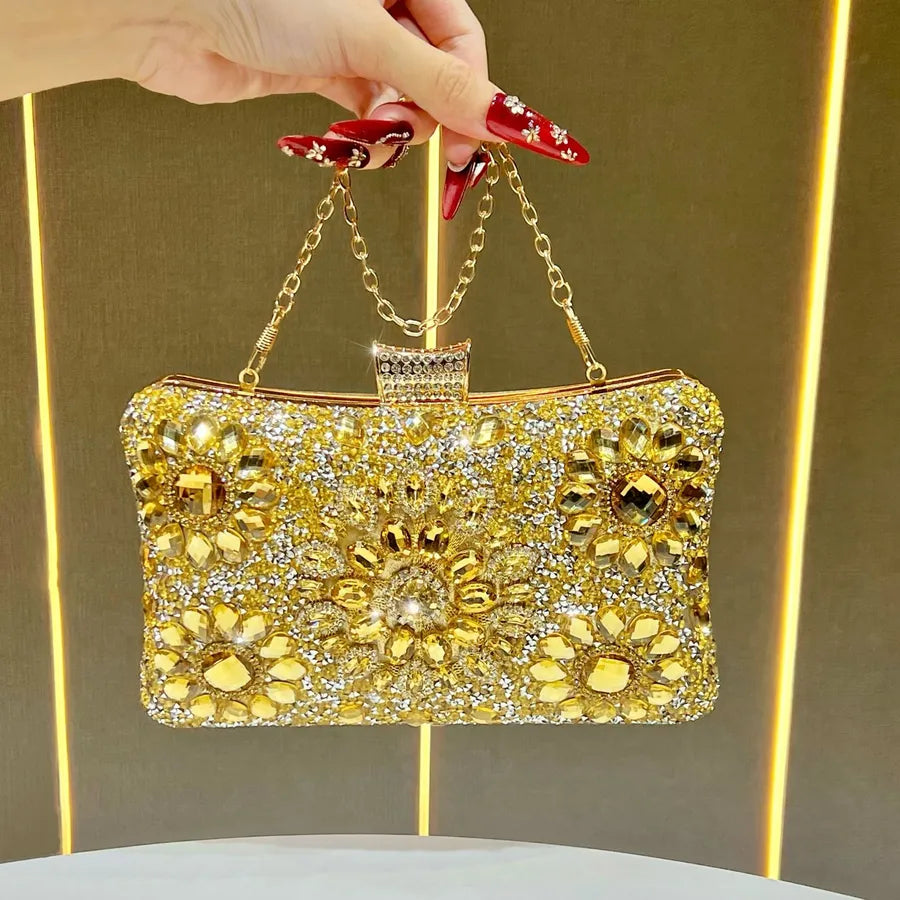 New Elegant Diamond Embedded Evening Bag Women's Handbag Single Shoulder Crossbody Bag Flag Dress Clutch Chain Handbag