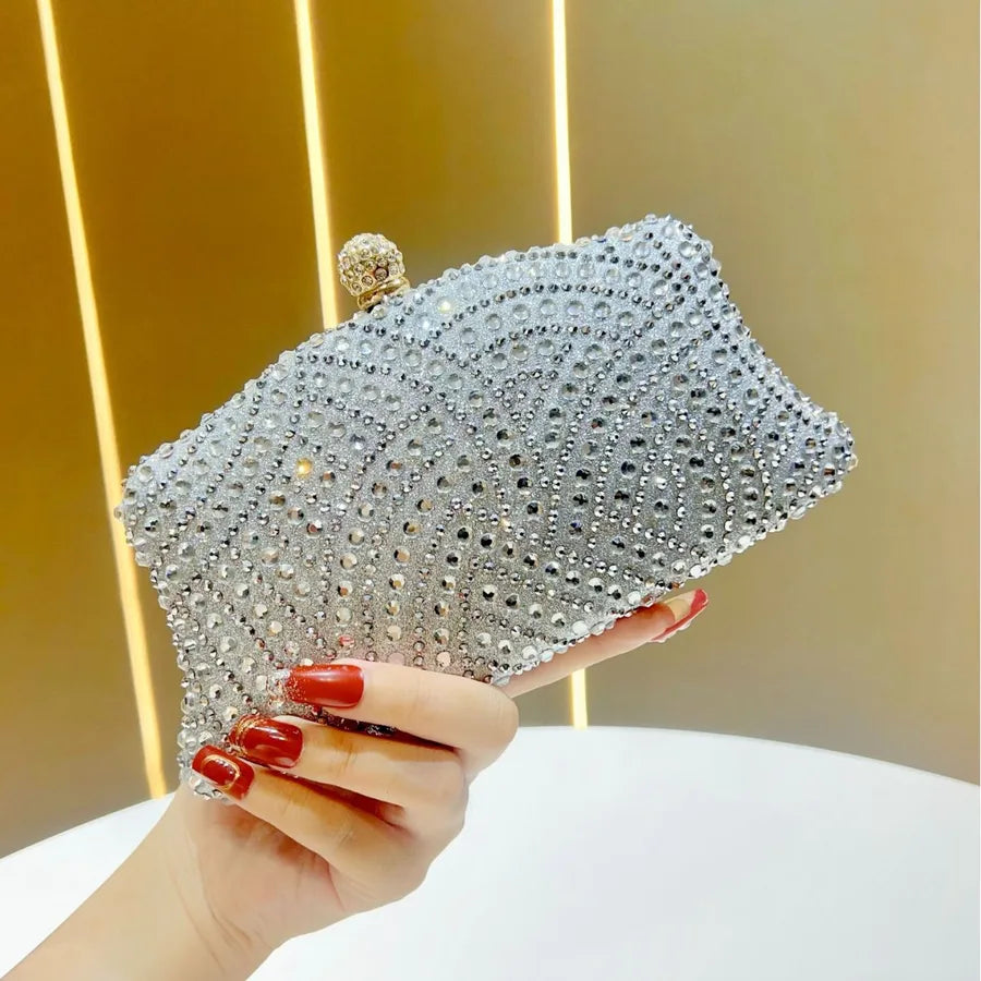 Elegant Shiny Rhinestone Evening Bag Women's Clutch Handbag Fashionable Matched Dress Bag Square Polyester Box Shape Chain