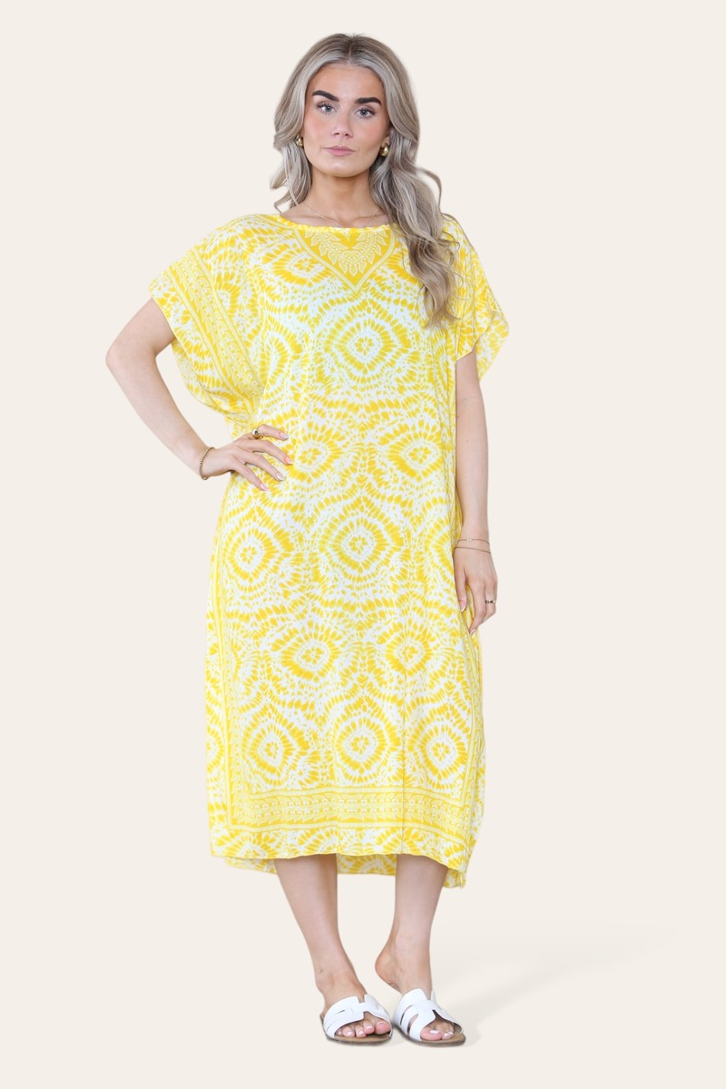 Mid-length long dress with V-neck and tie-dye print