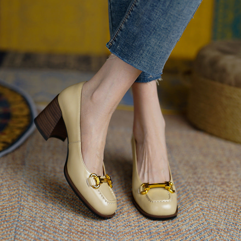 Womens Retro Square-Toe French-Style Chunky-Heel Pumps