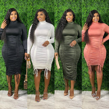 Plus Size Women's Drawstring High Neck Long Sleeve Dress
