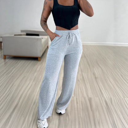 Solid Color High Waist Lace-up Elastic Waist Trimming Casual Trousers