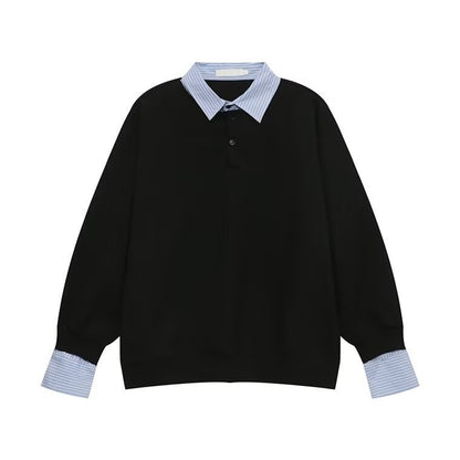American-style Streetwear Faux Two-piece Fleece-lined Shirt-collar Hoodie