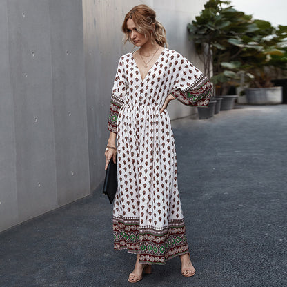 Women's printed V-neck new dress