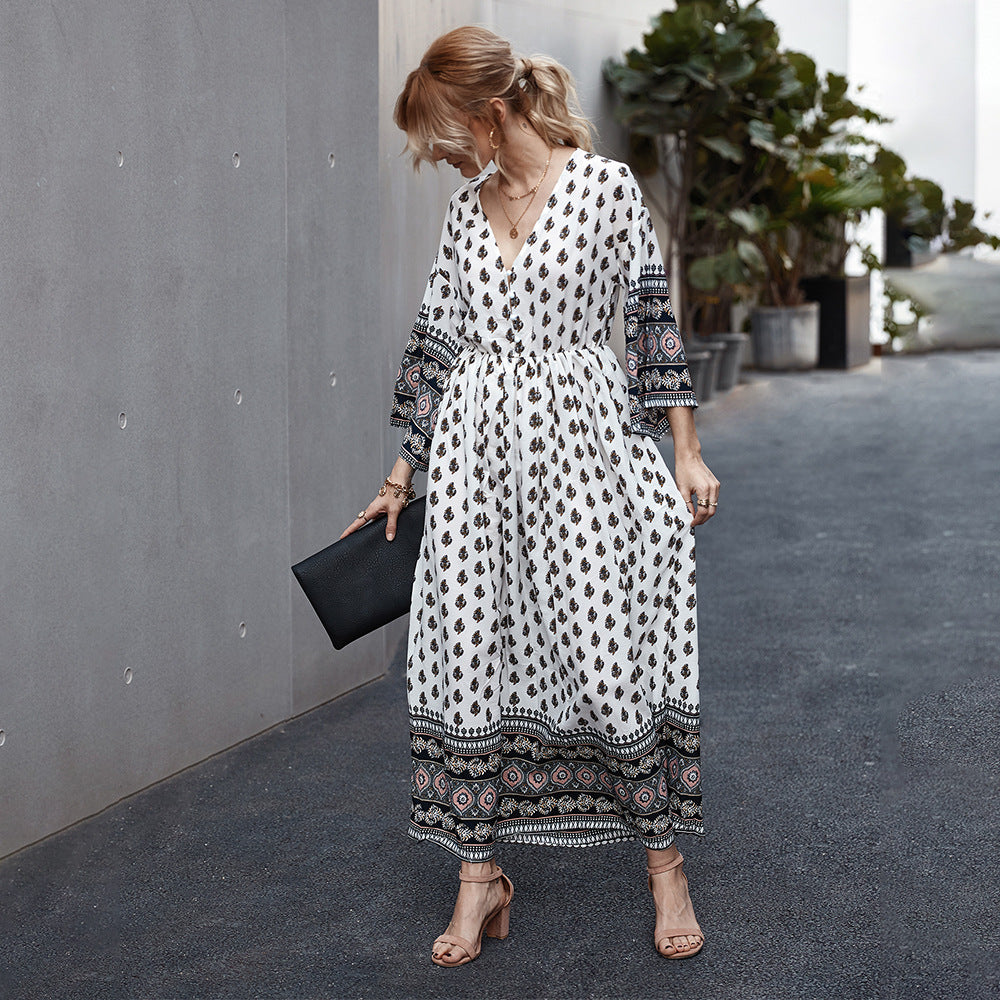 Women's printed V-neck new dress