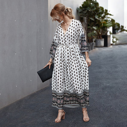 Women's printed V-neck new dress