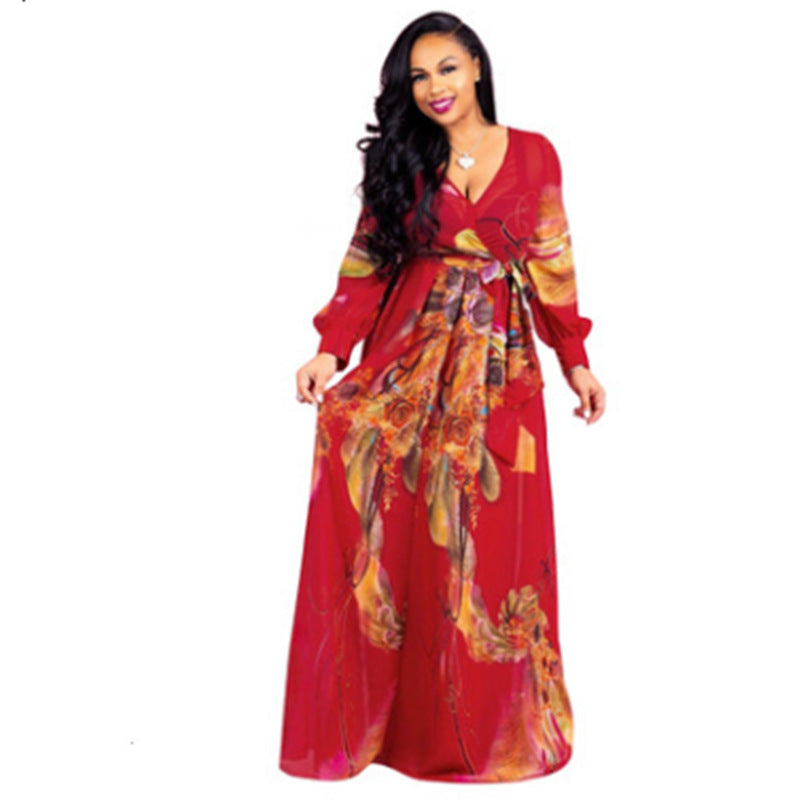 Spring And Autumn Amazon Chiffon Long Sleeve Digital Print European And American Style Big Swing Skirt Dress