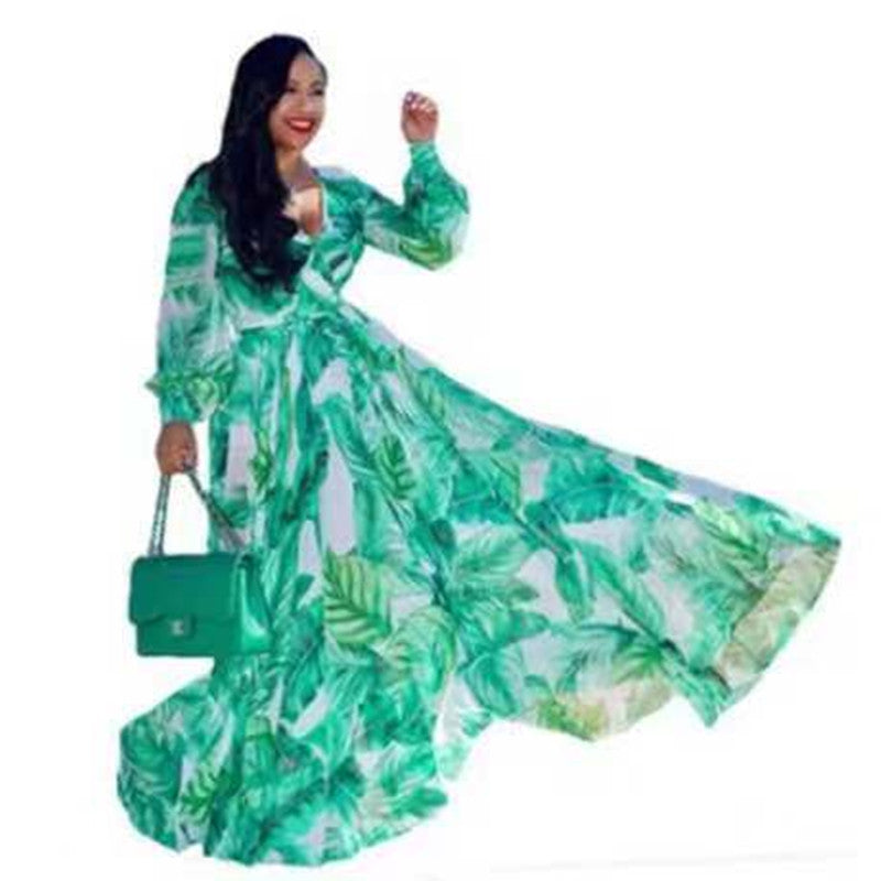 Spring And Autumn Amazon Chiffon Long Sleeve Digital Print European And American Style Big Swing Skirt Dress