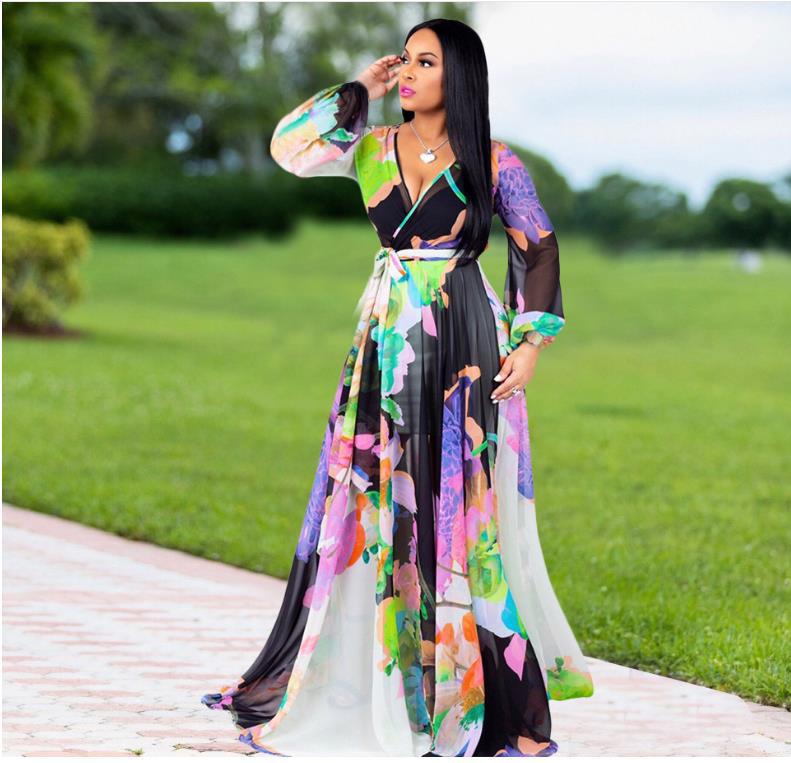 Spring And Autumn Amazon Chiffon Long Sleeve Digital Print European And American Style Big Swing Skirt Dress