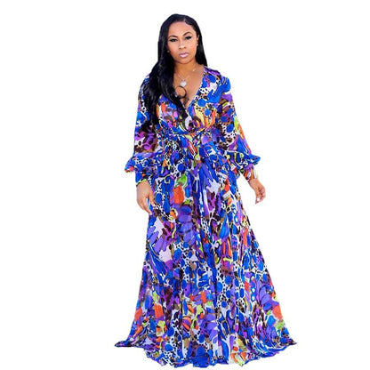 Spring And Autumn Amazon Chiffon Long Sleeve Digital Print European And American Style Big Swing Skirt Dress