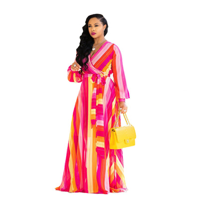 Spring And Autumn Amazon Chiffon Long Sleeve Digital Print European And American Style Big Swing Skirt Dress