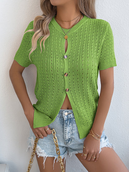 WomenS  Solid Color Hollow Out Button Short Sleeve Knit Top