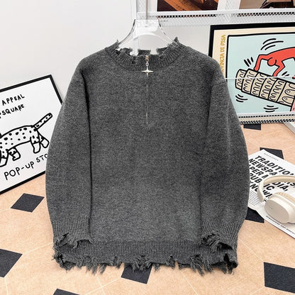 Mens Heavyweight High-street Half-zip Distressed Sweater In American Style