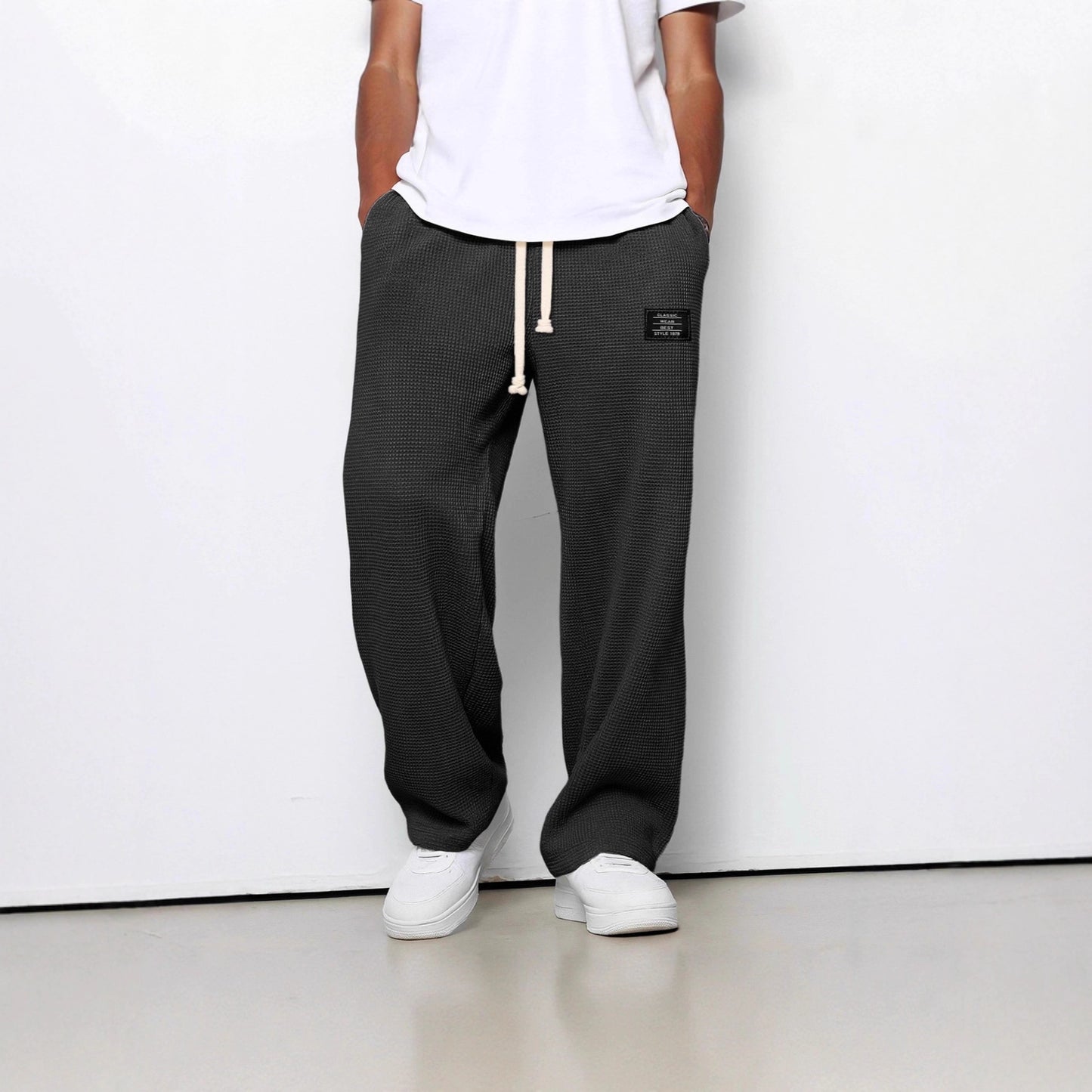 Waffle Straight Pants Fashion Brand Loose Loose  Drawstring Pockets Trousers Casual Men's Clothing