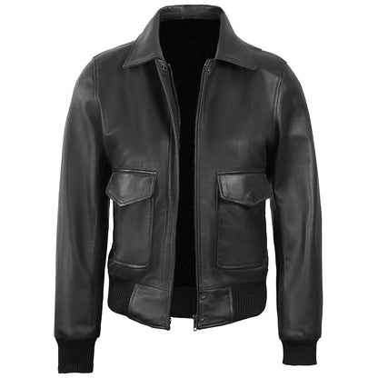 Women's Classic Leather Shirt Collar Bomber Jacket, Zip Front, Ribbed Trim | Black