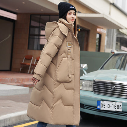 Womens Mid Length Over The Knee Detachable Hooded Padded Down Jacket With Cotton Lining