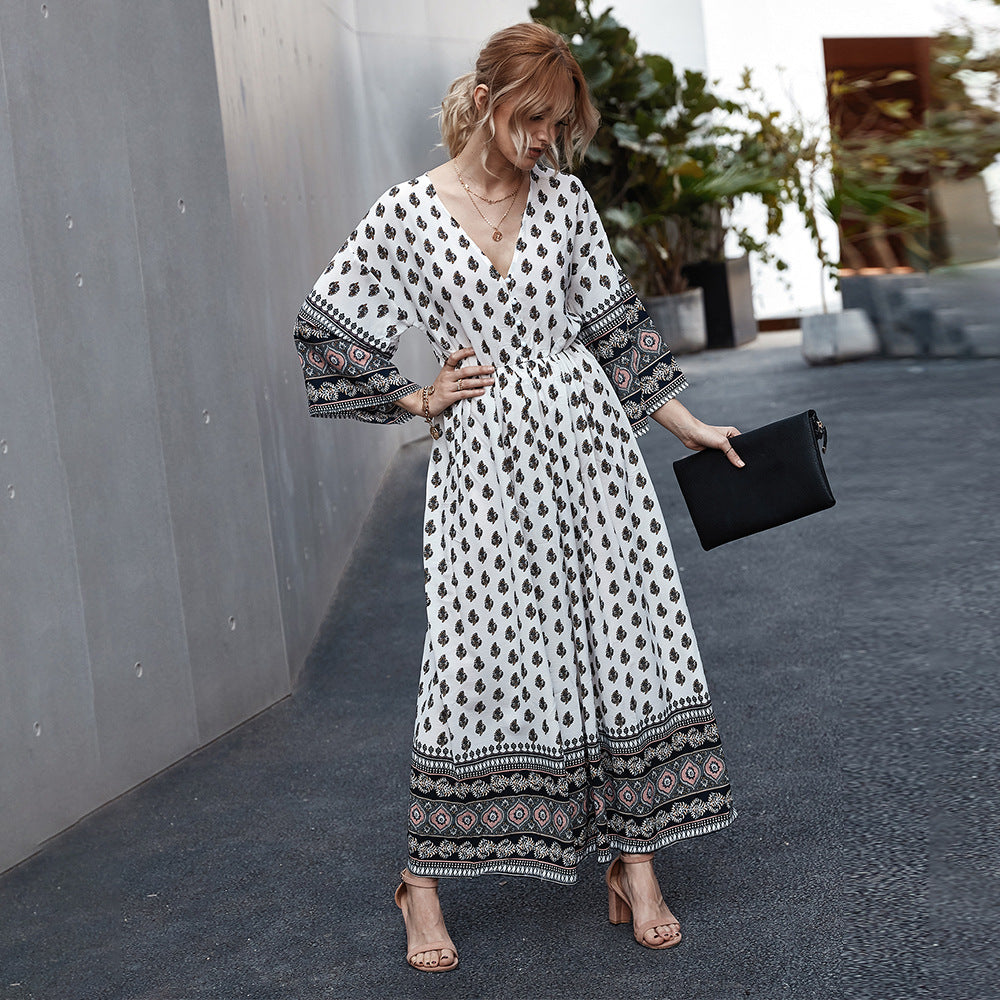 Women's printed V-neck new dress