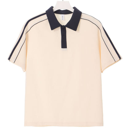 Casual Lapel Short Sleeve T-Shirt Loose Cotton Drop Shoulder Polo Shirt