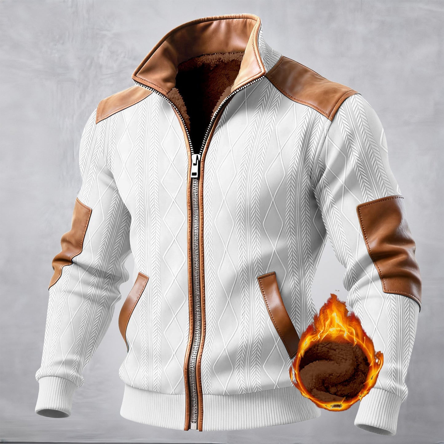 Color-block Textured Fleece-lined Zip-up Casual Jacket