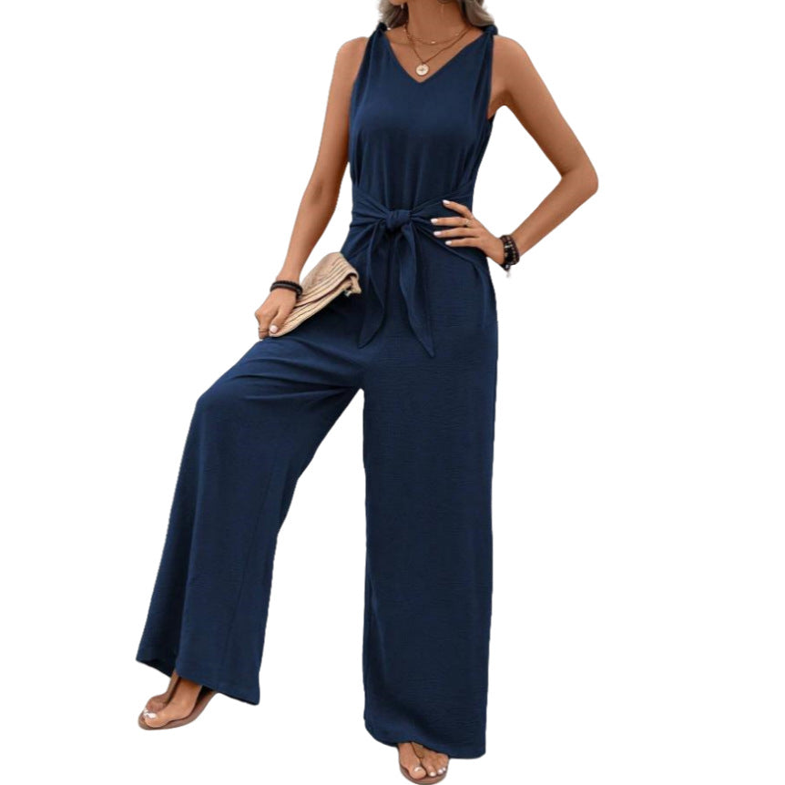 Womens V-neck Sleeveless Wide-leg Jumpsuit