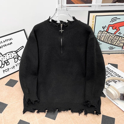 Mens Heavyweight High-street Half-zip Distressed Sweater In American Style