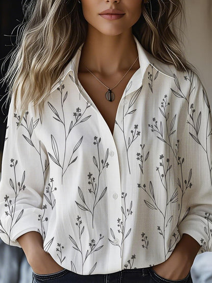Floral-print Long-sleeve Shirt Delicate Linen Casual Blouse