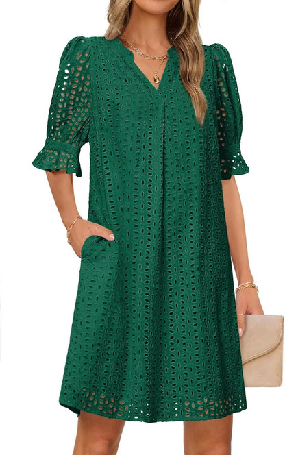 SpringSummer V Neck Pleated Collar Hollow Out Floral Lace Dress