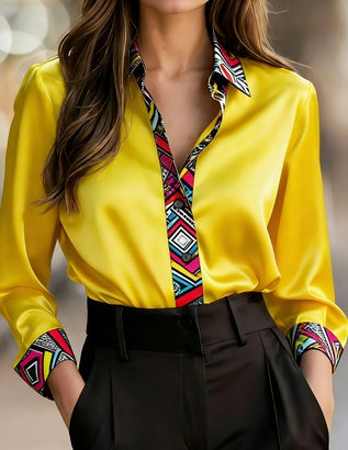 Women's American Retro Color Block Geometric Print Collar Long Sleeve Loose Shirt