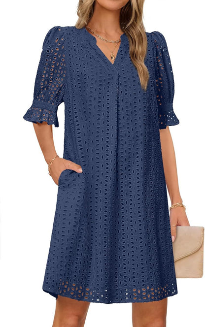 SpringSummer V Neck Pleated Collar Hollow Out Floral Lace Dress