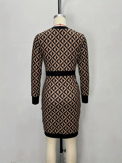 Women's Plaid Round Neck Long Sleeved Knitted Dress