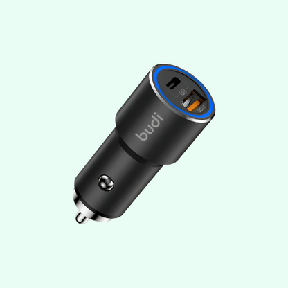 Budi CC628TQB 38W PD & QC 2 Ports Ring Led Indicator Aluminium Car Charger