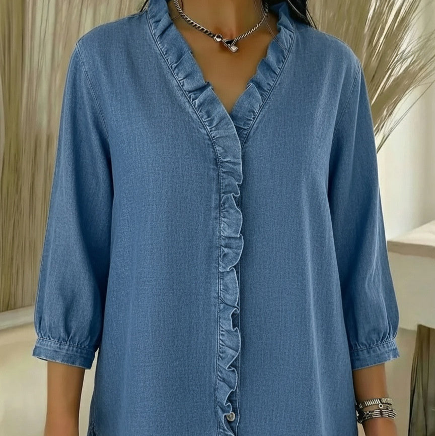 Womens Casual Denim-Style V-Neck Ruffle-Trim Shirt