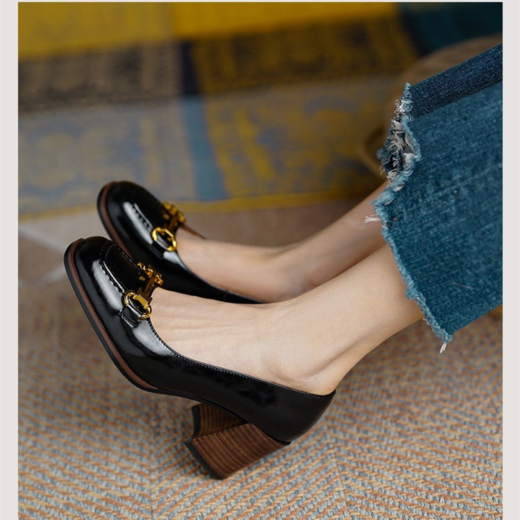 Womens Retro Square-Toe French-Style Chunky-Heel Pumps
