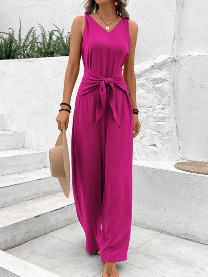 Womens V-neck Sleeveless Wide-leg Jumpsuit