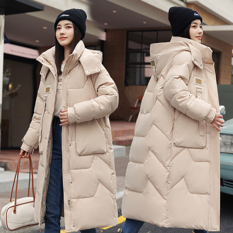 Womens Mid Length Over The Knee Detachable Hooded Padded Down Jacket With Cotton Lining