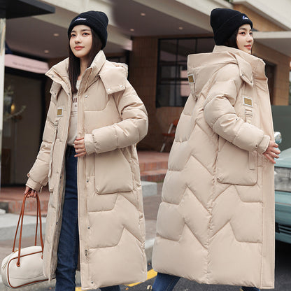 Womens Mid Length Over The Knee Detachable Hooded Padded Down Jacket With Cotton Lining
