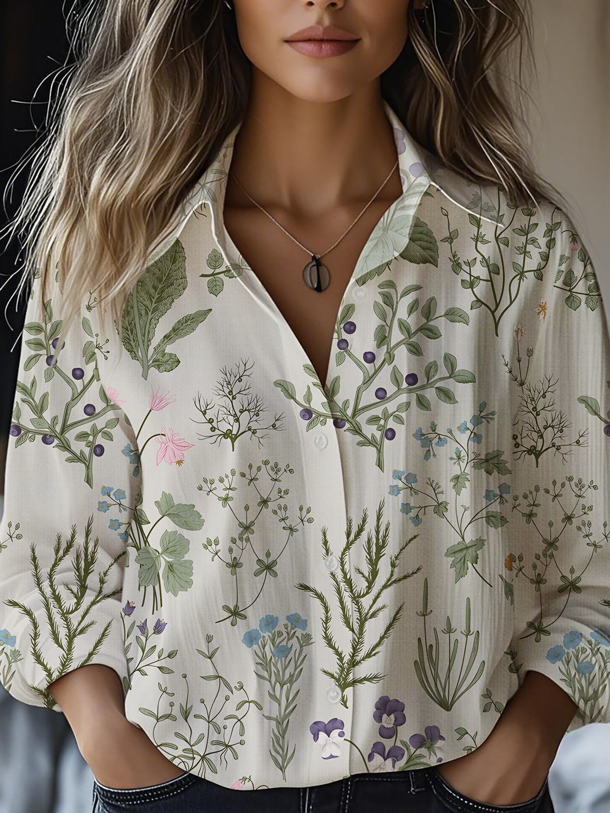 Floral-print Long-sleeve Shirt Delicate Linen Casual Blouse