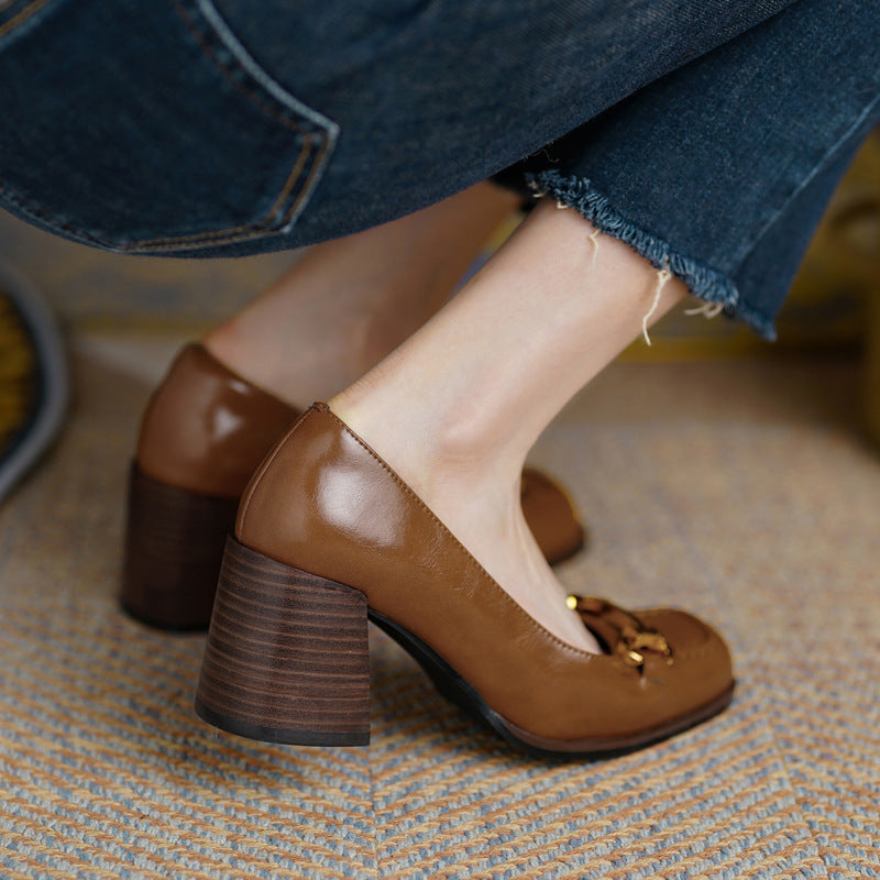 Womens Retro Square-Toe French-Style Chunky-Heel Pumps