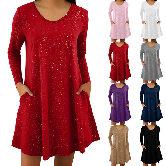 Fashionable Round-neck Long-sleeve Sequin Dress