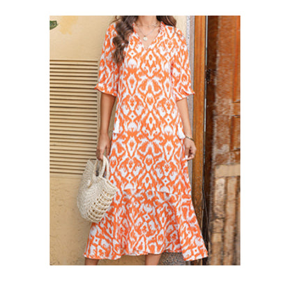 Loose V-neck Printed Tassel Mid-sleeve Long Dress