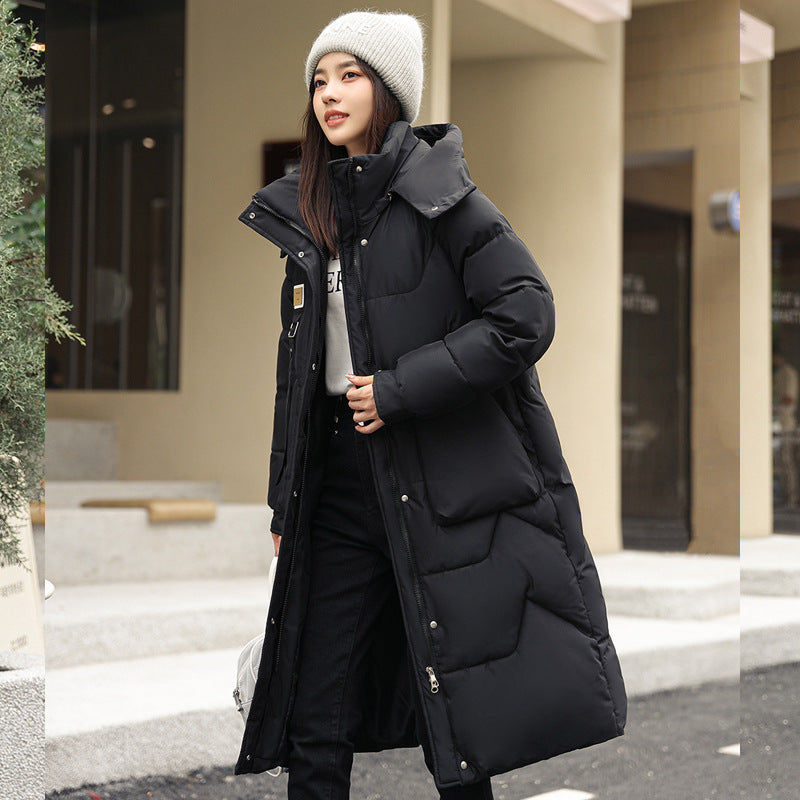 Womens Mid Length Over The Knee Detachable Hooded Padded Down Jacket With Cotton Lining